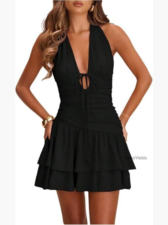 Dresses & Skirts - Deep V Neck Ruched Halter Mini Dress Tie Front Asymmetrical Party Club Dress